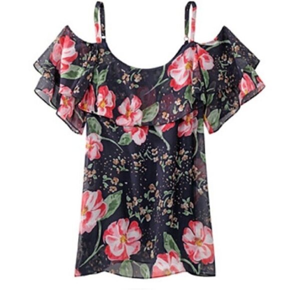Cabi Sz S Ruffled Cold Shoulder Floral Print Top Romantic Blouse - Picture 9 of 16